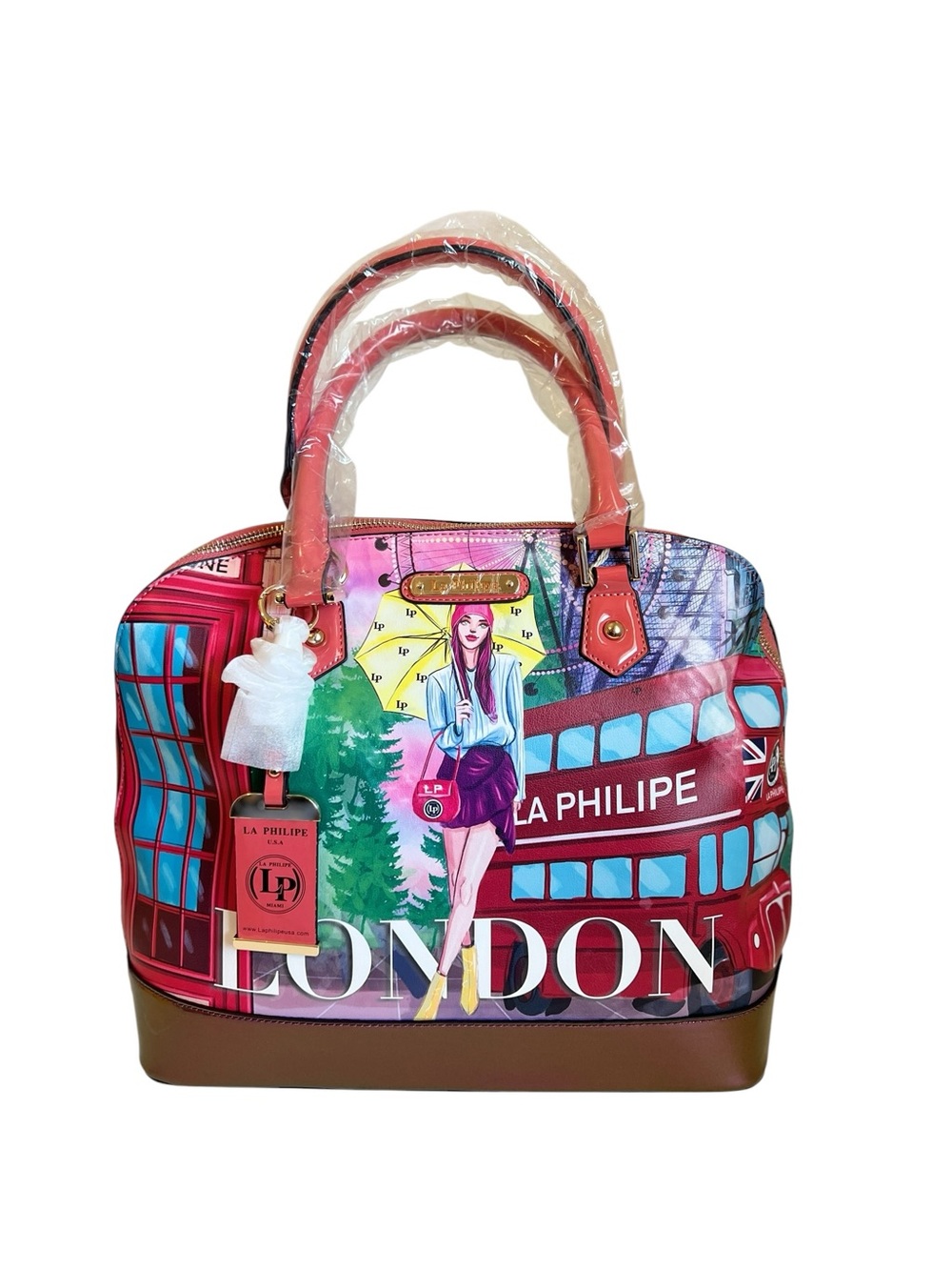 NWT La Philipe Umbrella In London Satchel Tote Pink Handles